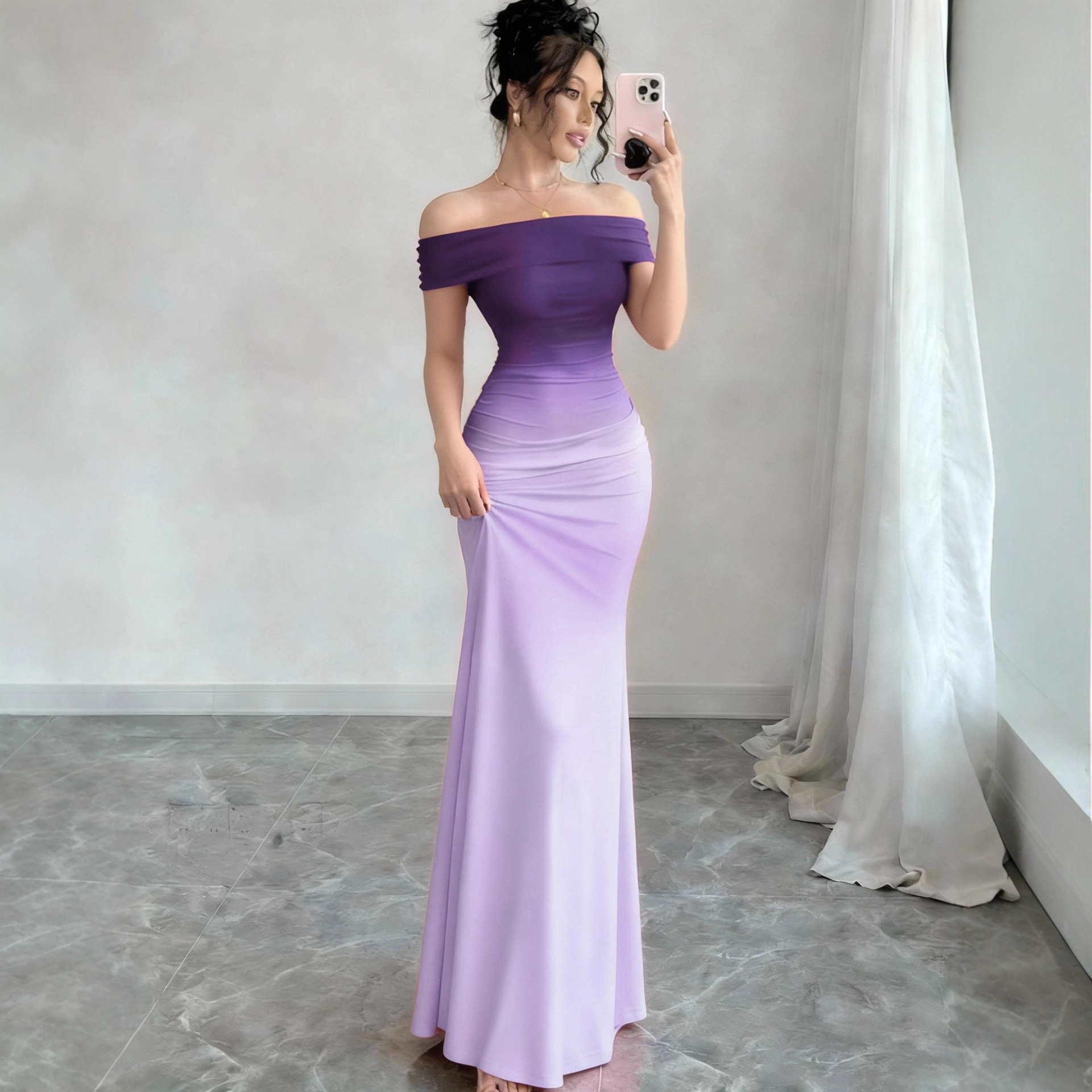 Gradient Off-Shoulder Bodycon Long Dress