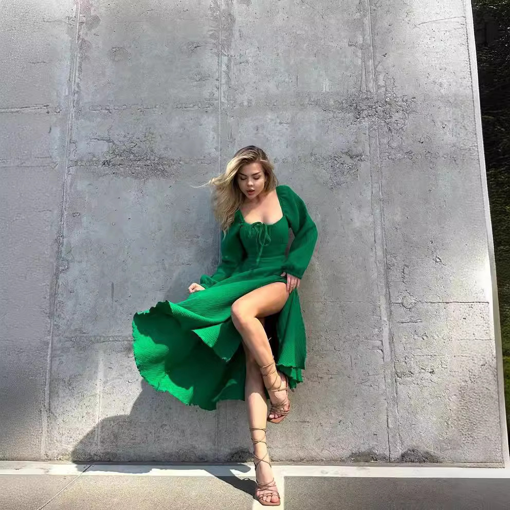 Women's Solid Square Neck Split Long Dress