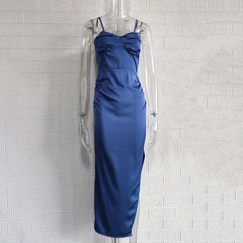 Women's Solid Satin V-Neck Sleeveless Midi Dress High Waist Asymmetrical