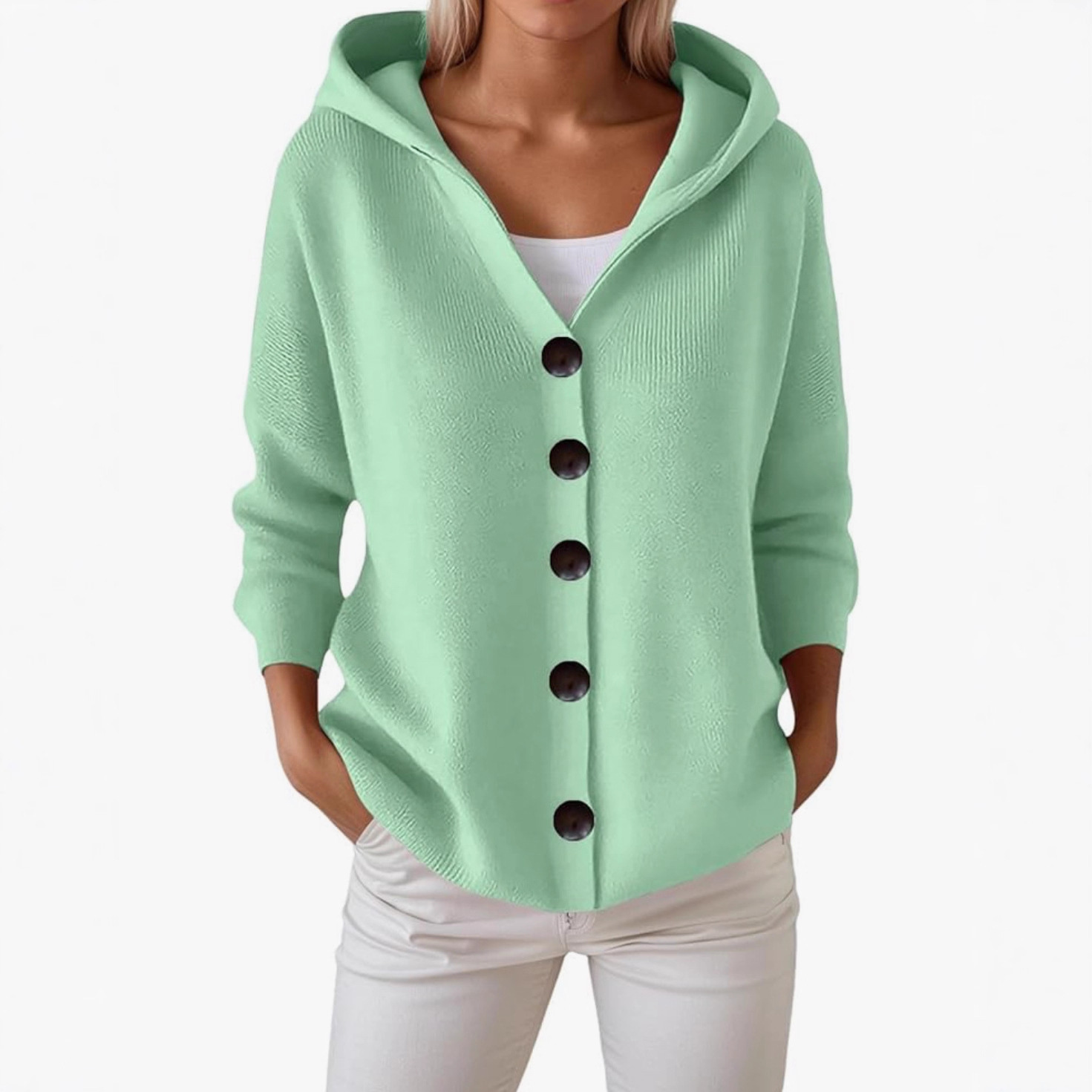 Button-Up Hooded Knit Cardigan Sweater, Solid Color Casual Women's Outerwear