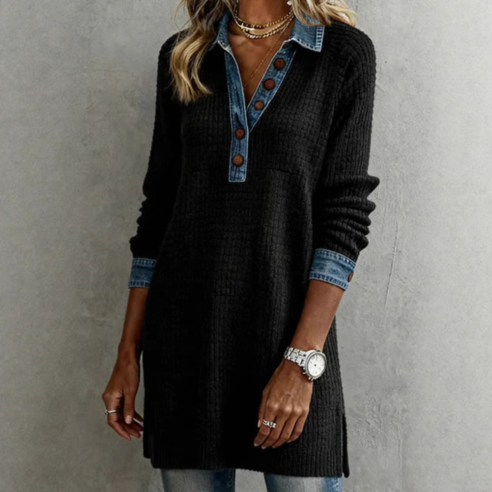 Denim Patchwork Long Sleeve Collared Button Dress