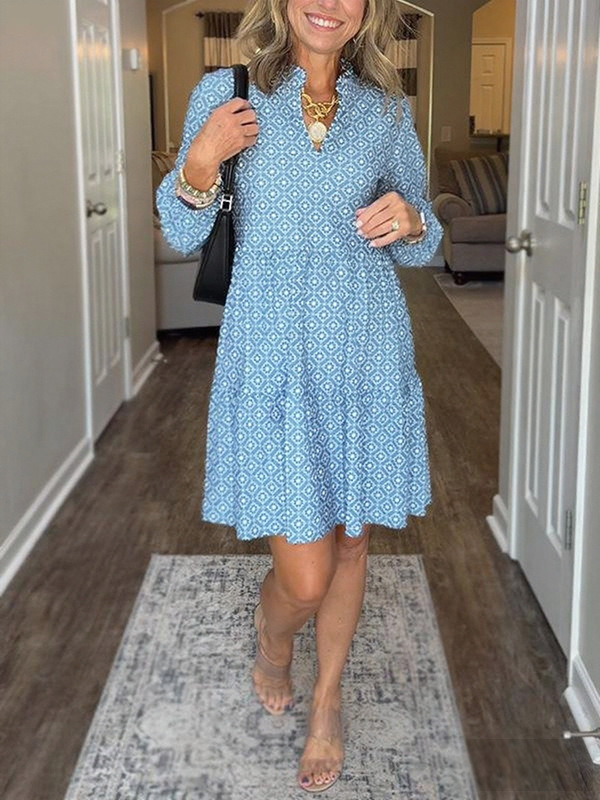 V-Neck Three-Quarter Sleeve Diamond Print A-Line Dress