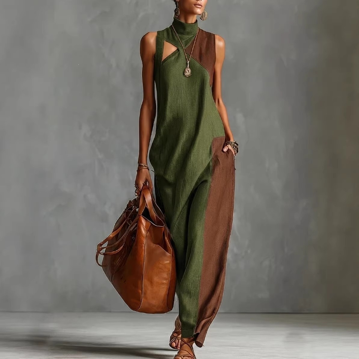 Colorblock Halter Neck Cutout Sleeveless Jumpsuit with Side Pockets