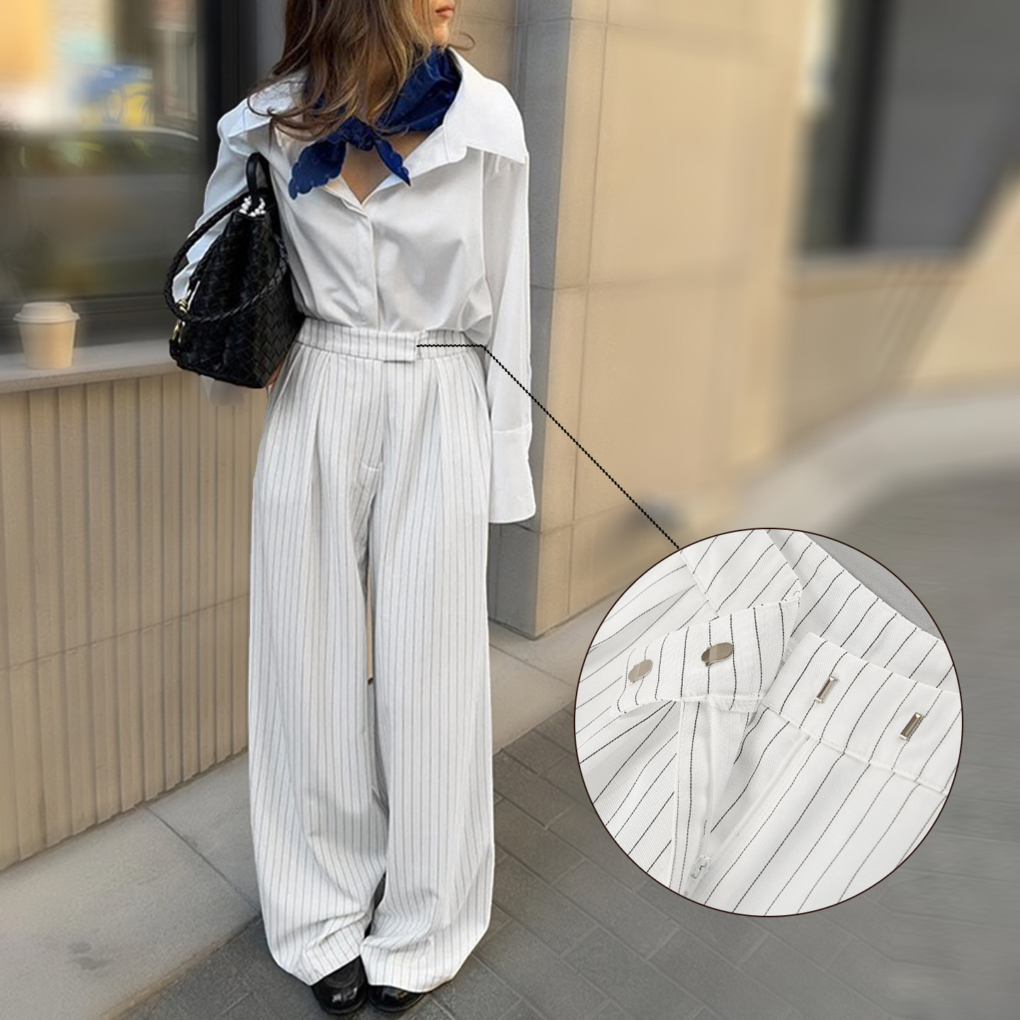 White Striped Wide-Leg Pants for Women, Loose Casual Commuter Trousers