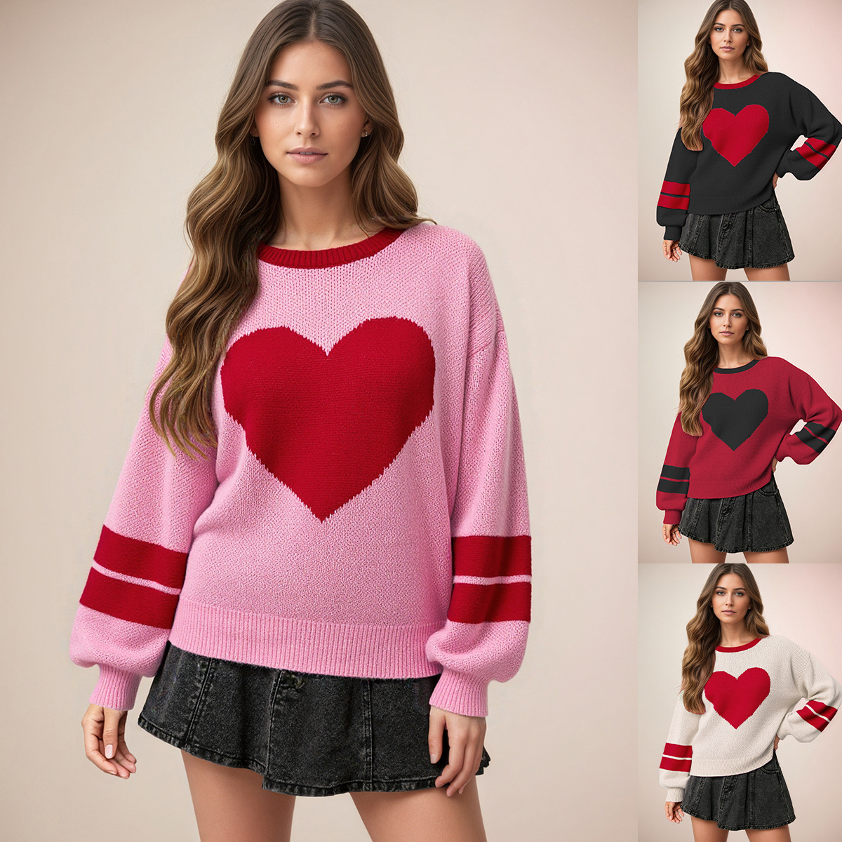 Heart Jacquard Knit Sweater Women's Lazy Round Neck Pullover