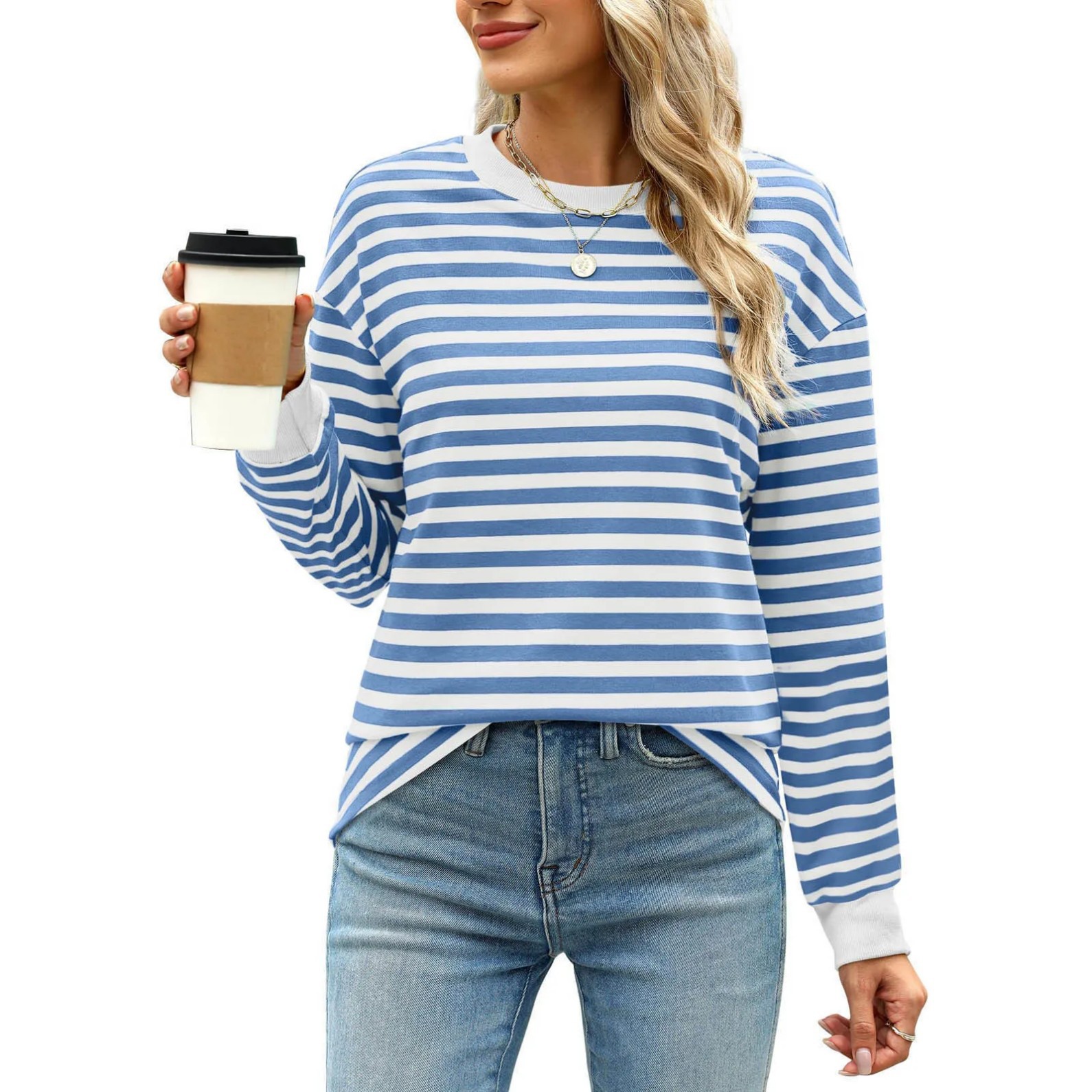 Women's Striped Print Crewneck Sweatshirt Casual Pullover