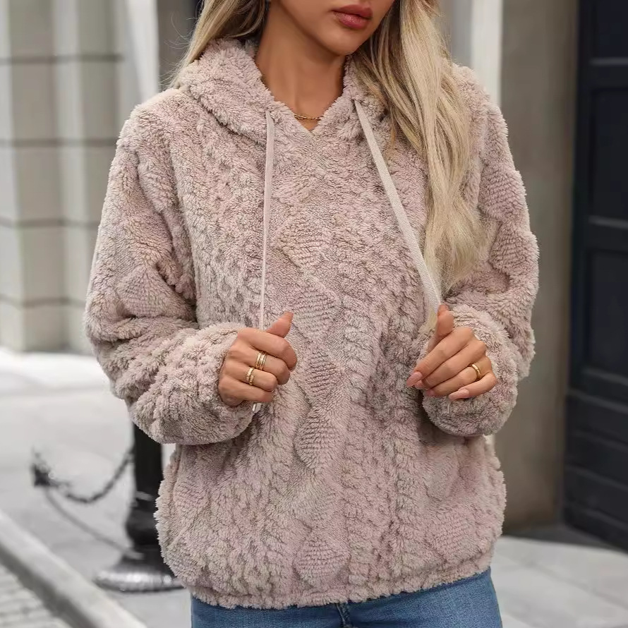 Shimmer Fleece Hoodie for Women – Plush Jacquard Pullover, Loose Fit, Long Sleeve