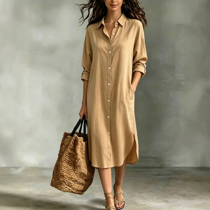 Women's Loose Cotton-Linen Shirt Dress with Pockets