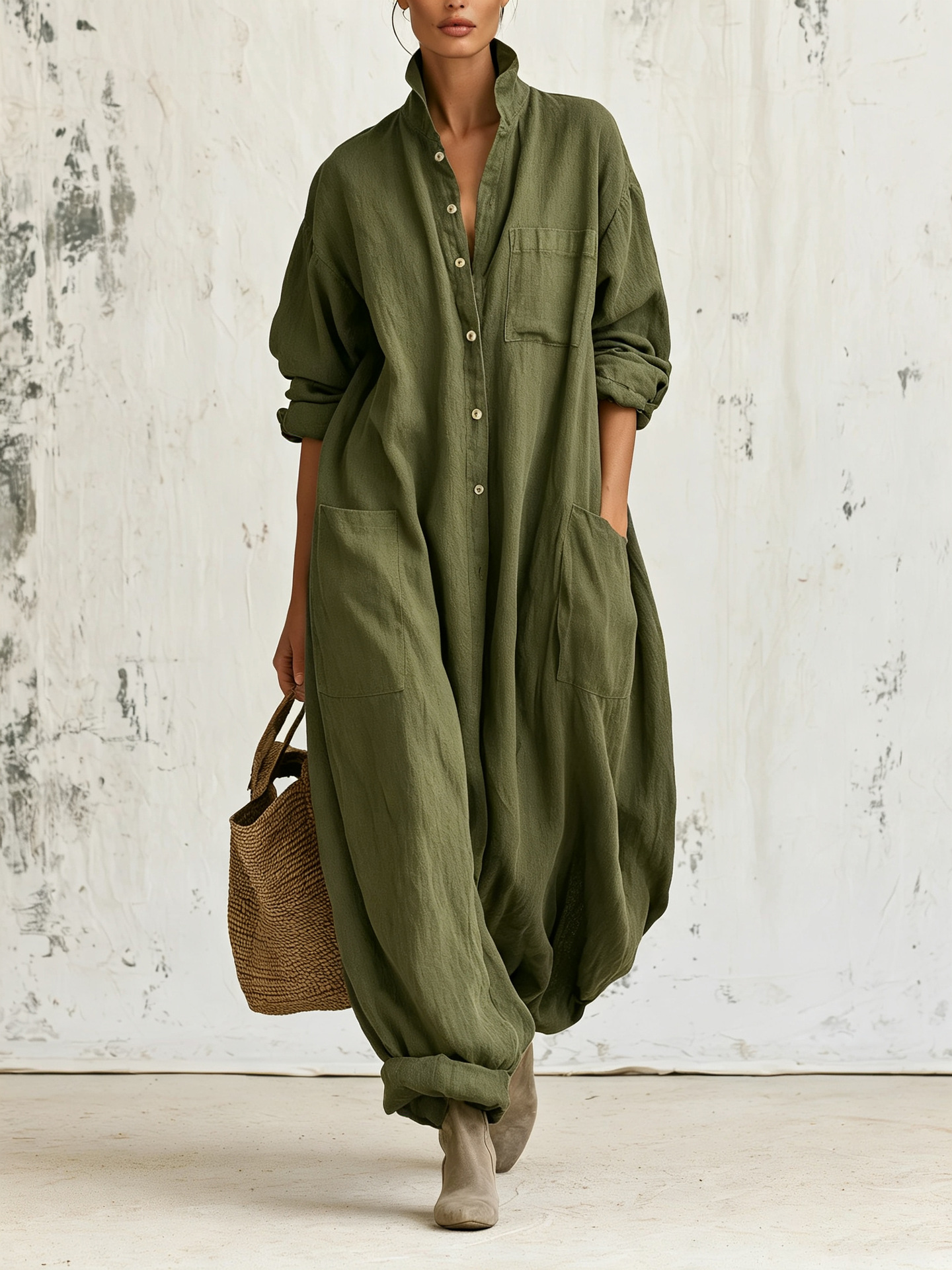 Linen Long Sleeve Jumpsuit with Stand Collar, Button Front, Cargo Pockets, Wide Leg