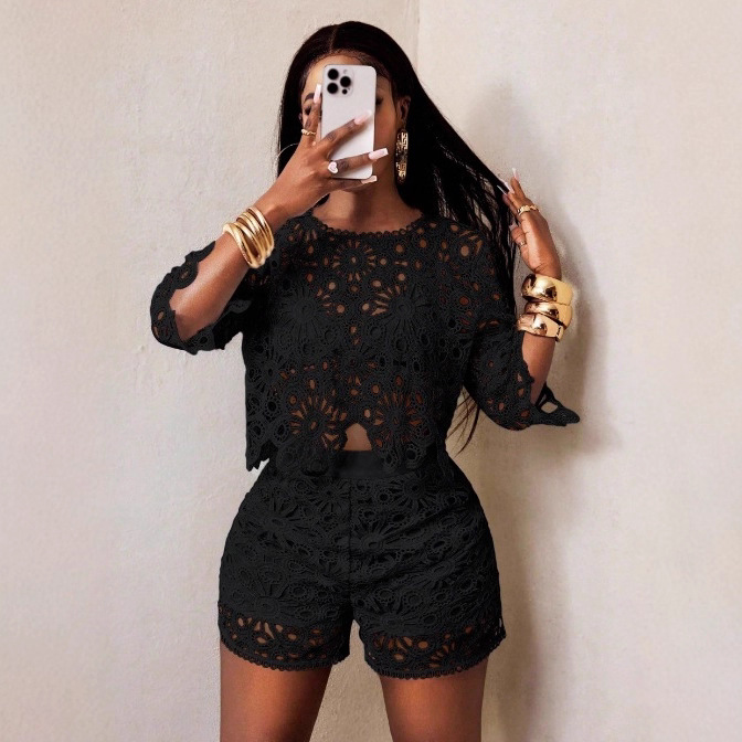 Women's Solid Color Hollow Lace Slim Fit Two-Piece Set