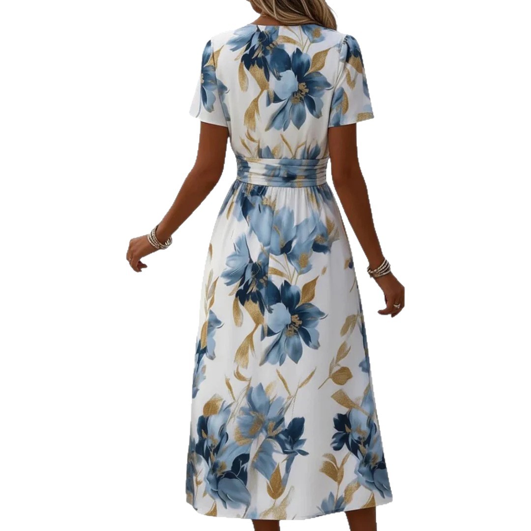 Women's Floral Print V-Neck Short Sleeve Slim Fit Dress