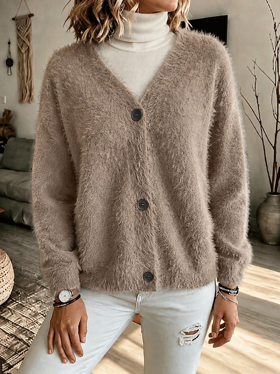 Faux Mink Knit Cardigan V-Neck Loose Long Sleeve Sweater Coat