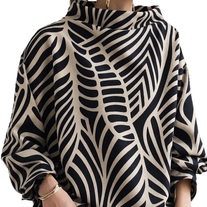 Women's Long Sleeve Loose Colorblock Print High Neck Sweatshirt