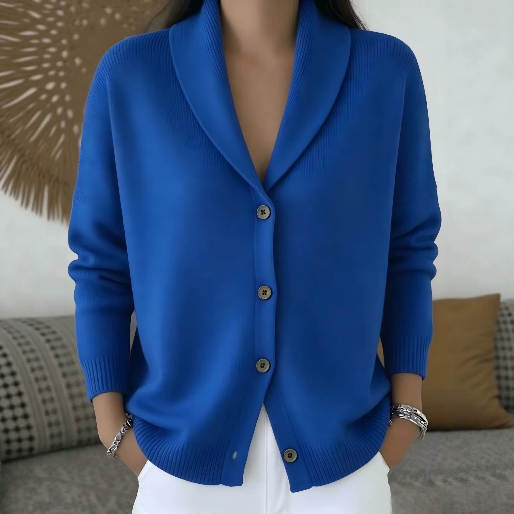 Button-Front Knit Cardigan Sweater with Collar, Solid Color, Casual