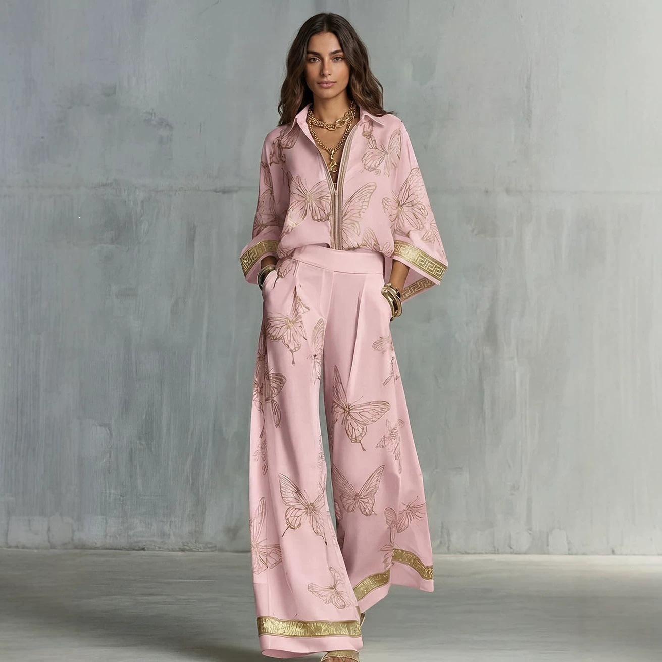 Women's Vintage Print Deep V Zip Top & Wide-Leg Pants Set