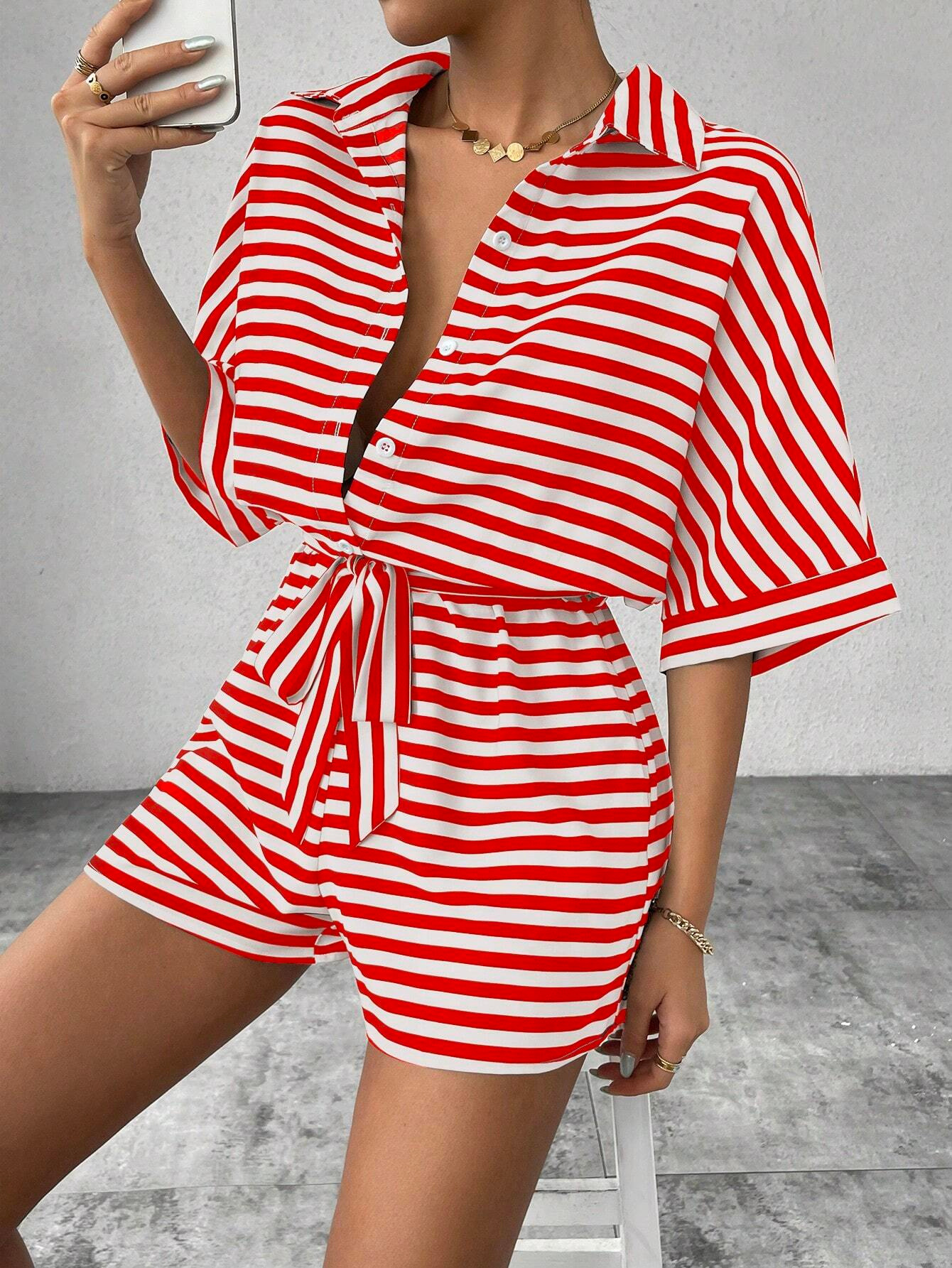 Striped Collared Button-Front Midi Sleeve Belted Shorts Romper for Women