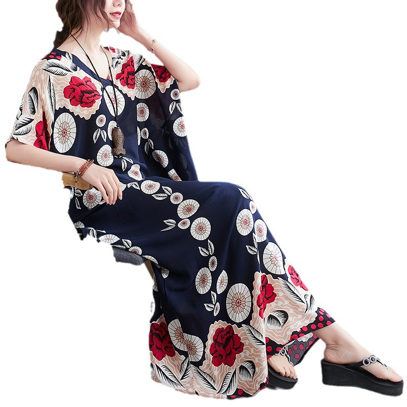 Women's Loose Long Lounge Dress, Lightweight Polyester, Plus Size, Wearable Out