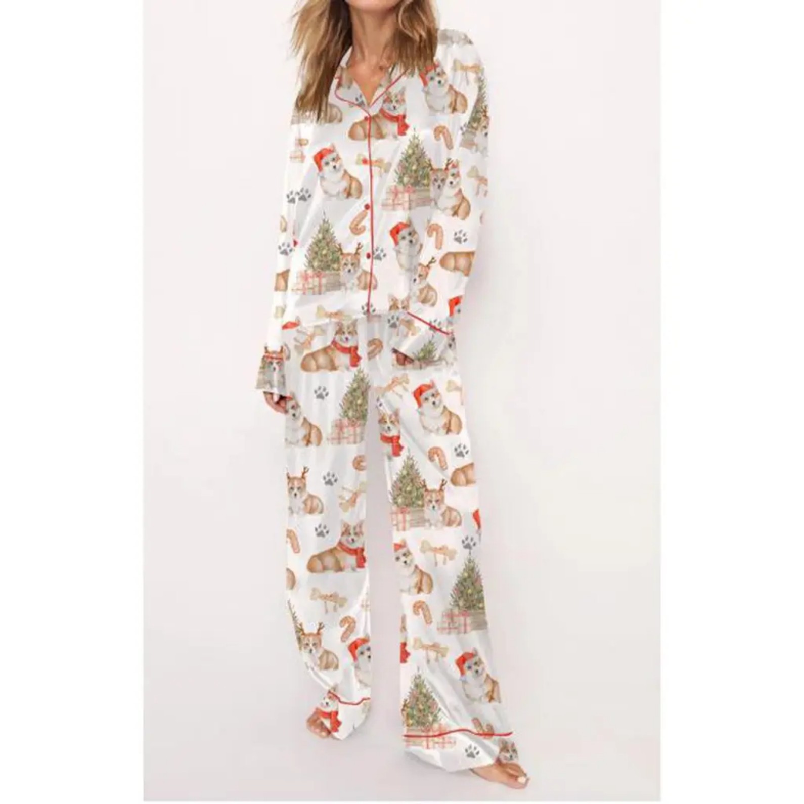 Christmas Tree Print Cuban Collar Long Sleeve Women's Shirt Set