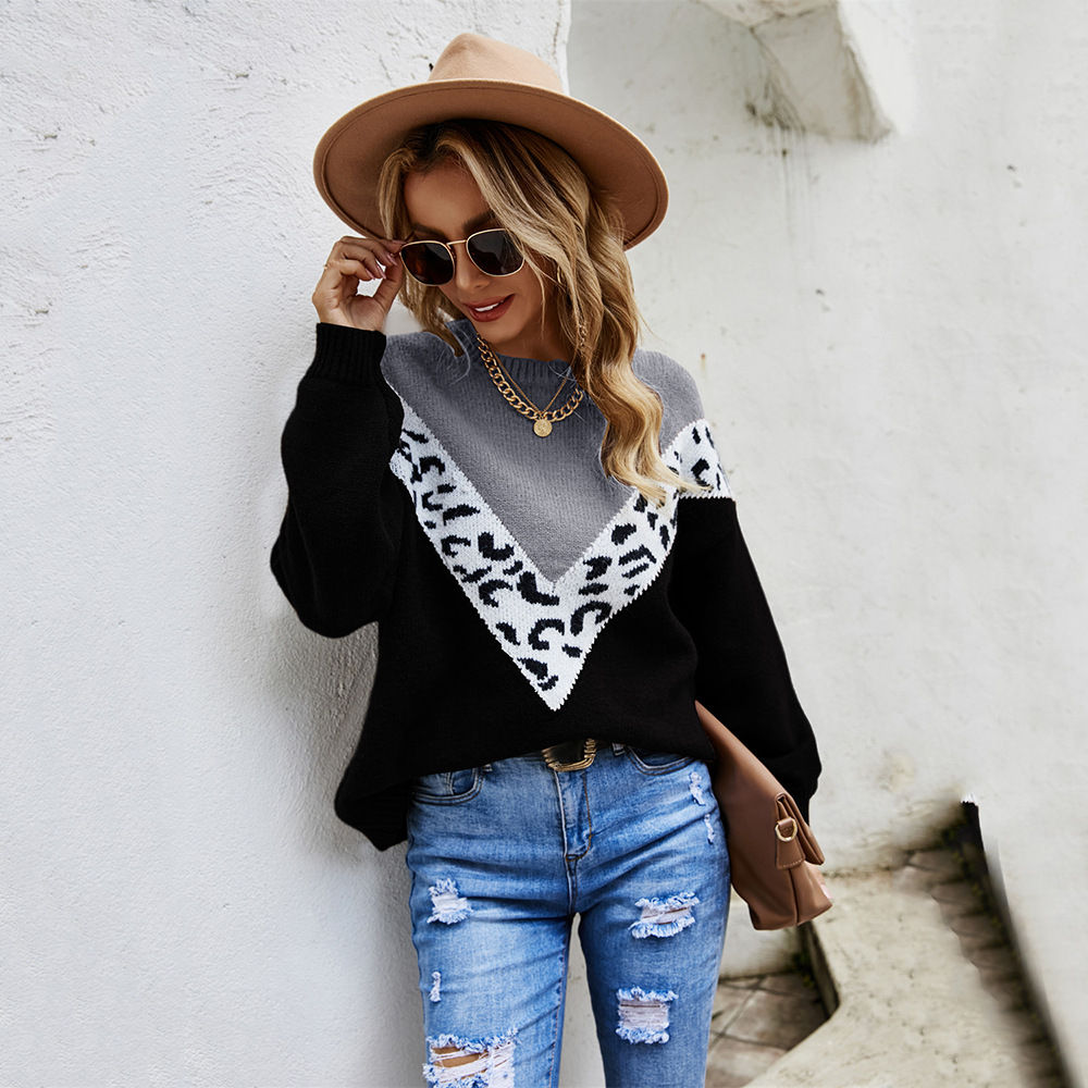 Leopard Print Crewneck Pullover Knit Sweater