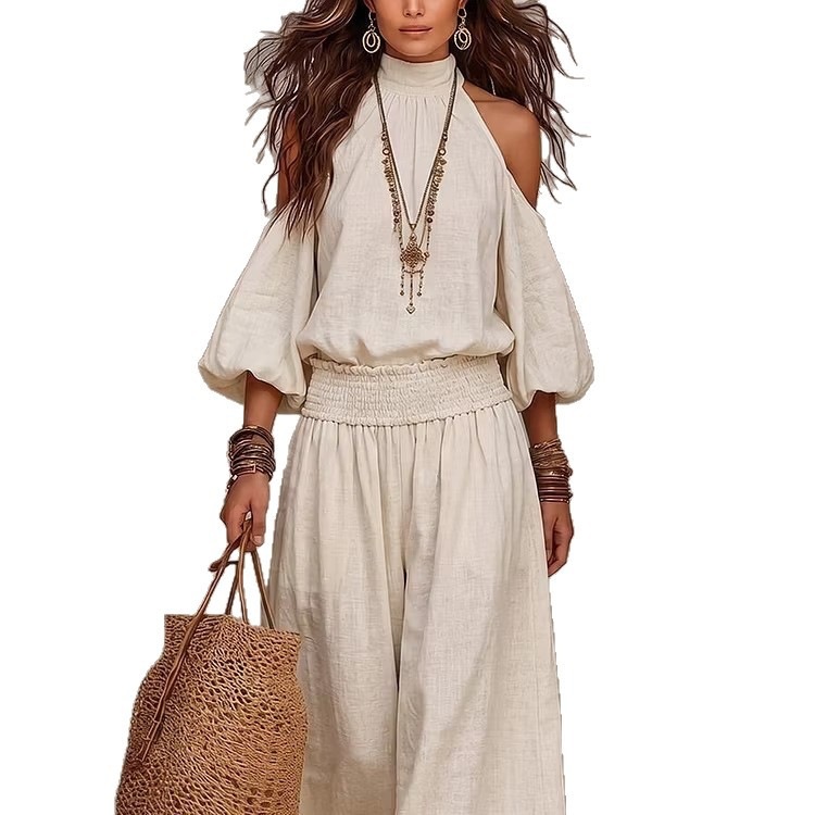 Women's Loose Long Sleeve Cutout Lantern Sleeve Two-Piece Set