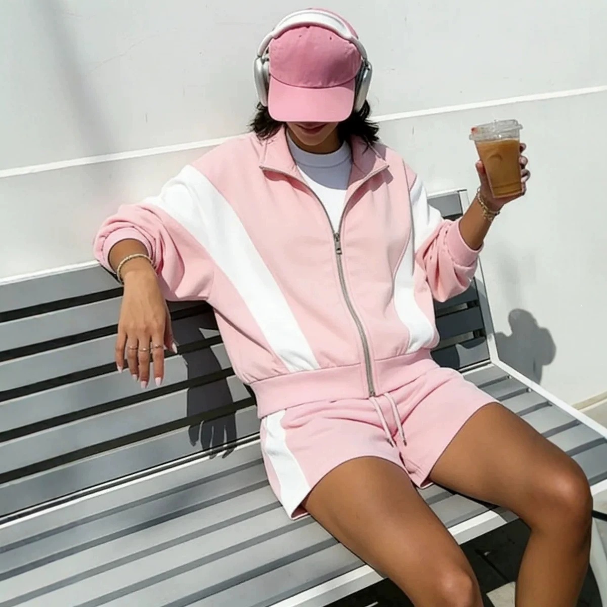 Women's Color-Block Zip-Up Cardigan and Shorts Two-Piece Set