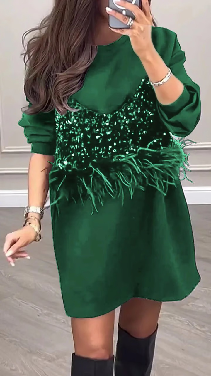 Women's Sequin Feather Patchwork Round Neck Midi Dress
