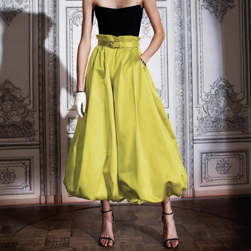 Elegant High-Waist Ruched Lantern Pants Solid Color
