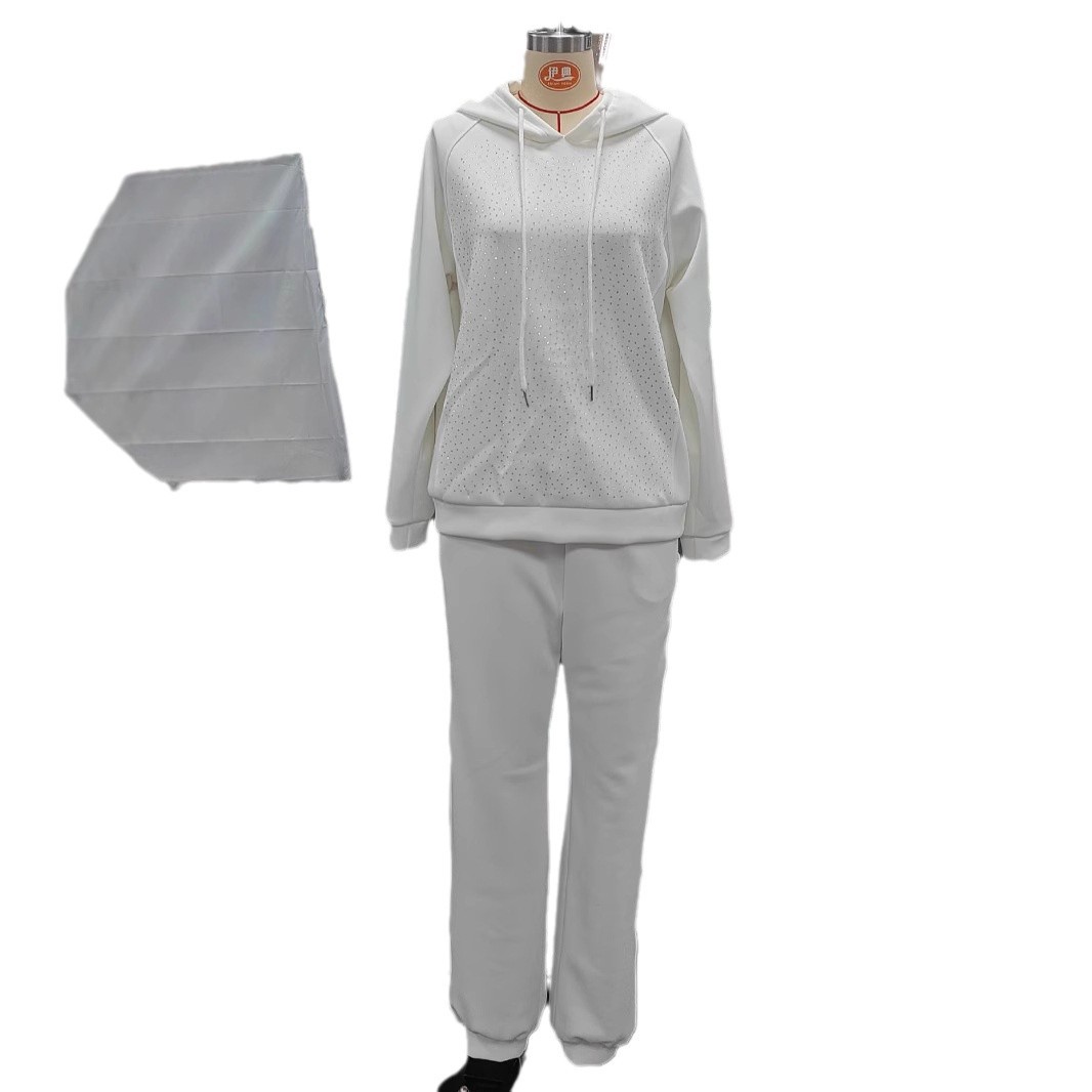Women's Casual Hooded Rhinestone Sweatsuit with Pockets