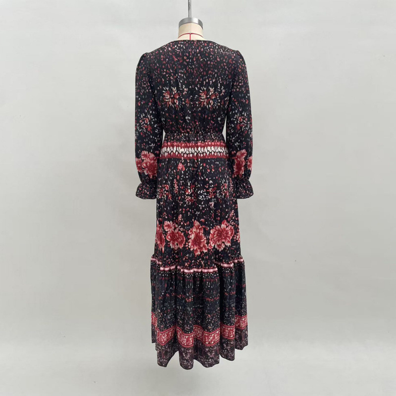 Women's Long Sleeve V-Neck Floral Print Maxi Dress with Lantern Sleeves and High Waist