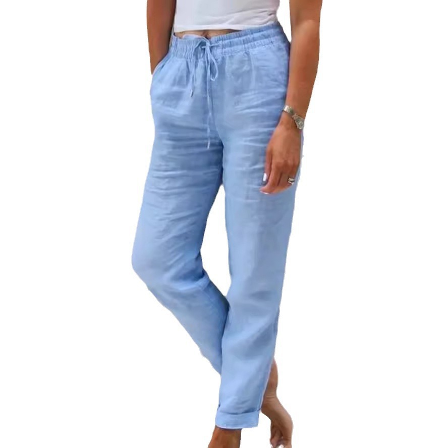 Women's Cotton-Linen Wide-Leg Pants Elastic Waist Solid Color Loose Fit