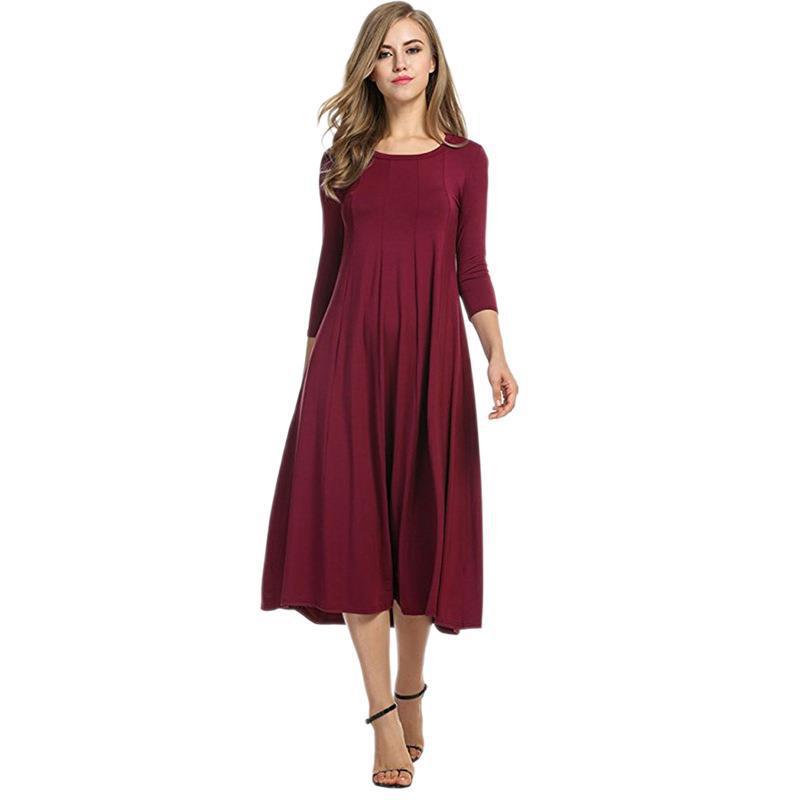 Women's Round Neck Pleated Maxi Dress with Flared Skirt