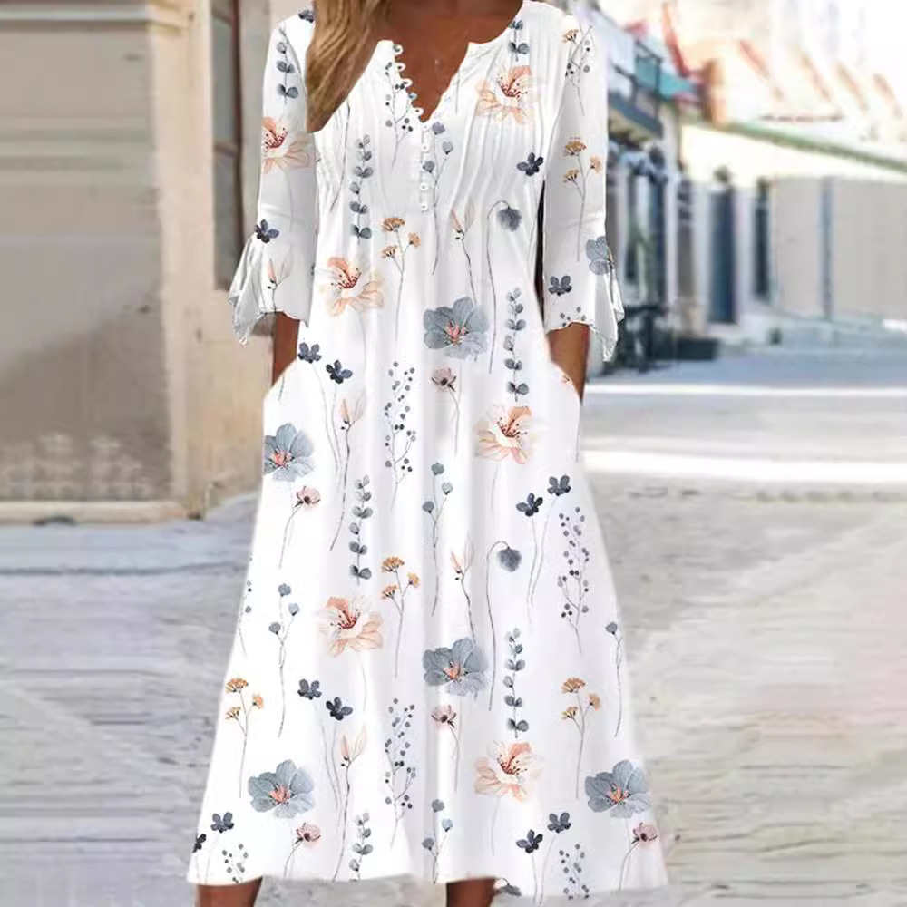 Women's Printed V-Neck Midi Dress with Adjustable Button Detail