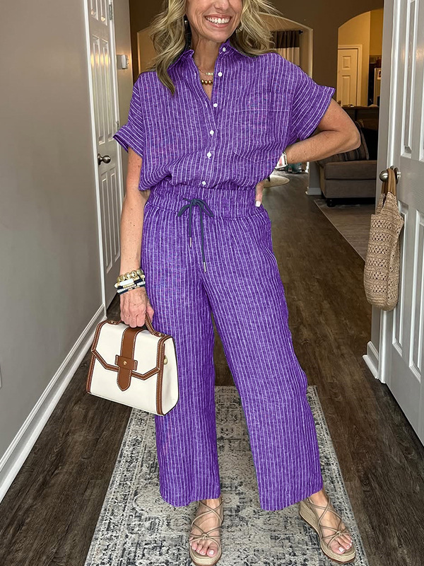 Women's Striped Two-Piece Set with Collared Short Sleeve Top and Straight-Leg Pants