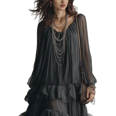 Sheer Chiffon Long Sleeve Tiered Ruffle Maxi Dress
