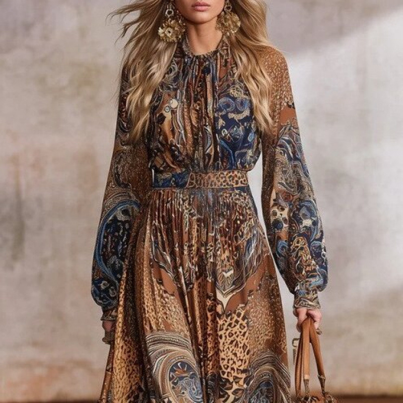 Bohemian Floral Print Long Sleeve Lantern Sleeve Maxi Dress