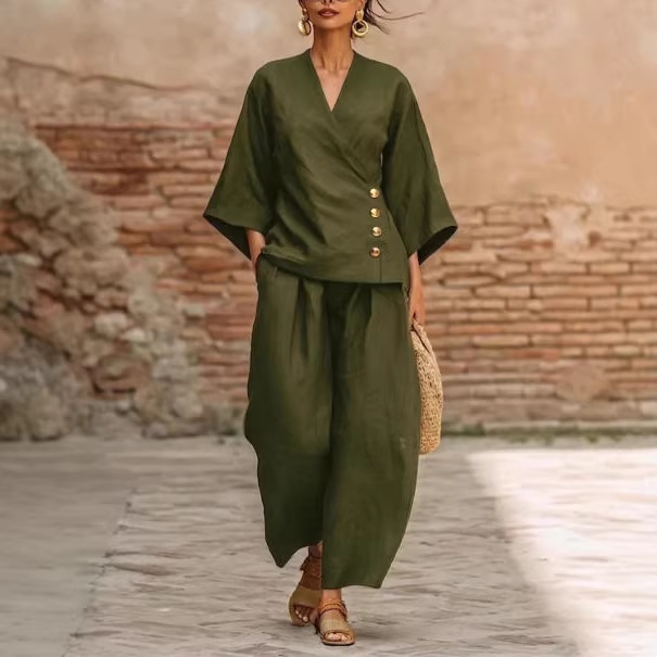 Women's Button Cardigan and Wide-Leg Pants Set
