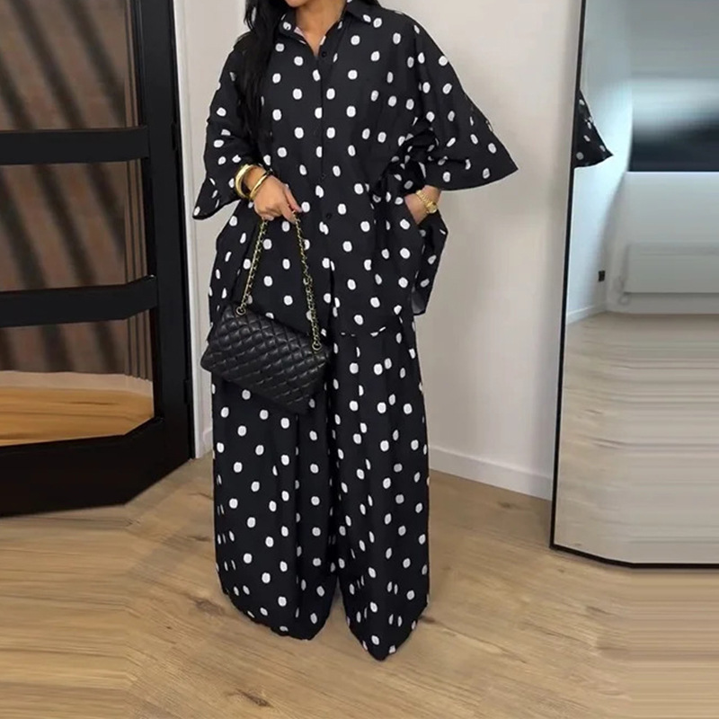 Women's Retro Polka Dot Loose Shirt & Wide-Leg Pants Two-Piece Set