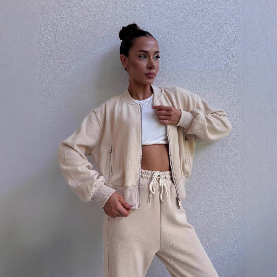 Women's Solid Color Long Sleeve Zip Cardigan and Tie Waist Jogger Two-Piece Set with Pockets