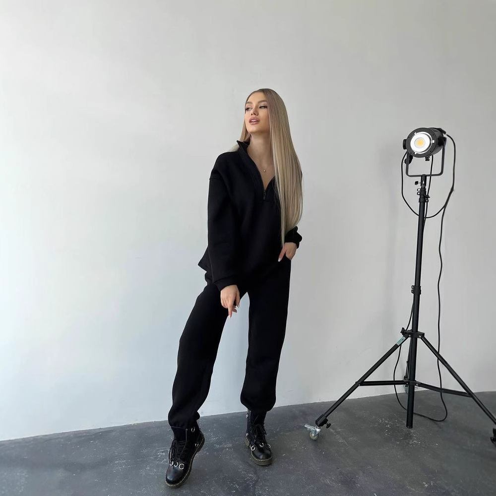 Women's Loose Stand Collar Sweatshirt and Jogger Pants Two-Piece Set