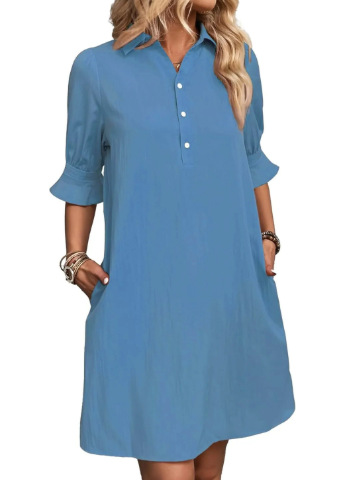 Women's Casual Loose Solid Color A-Line Dress with Collar and Buttons
