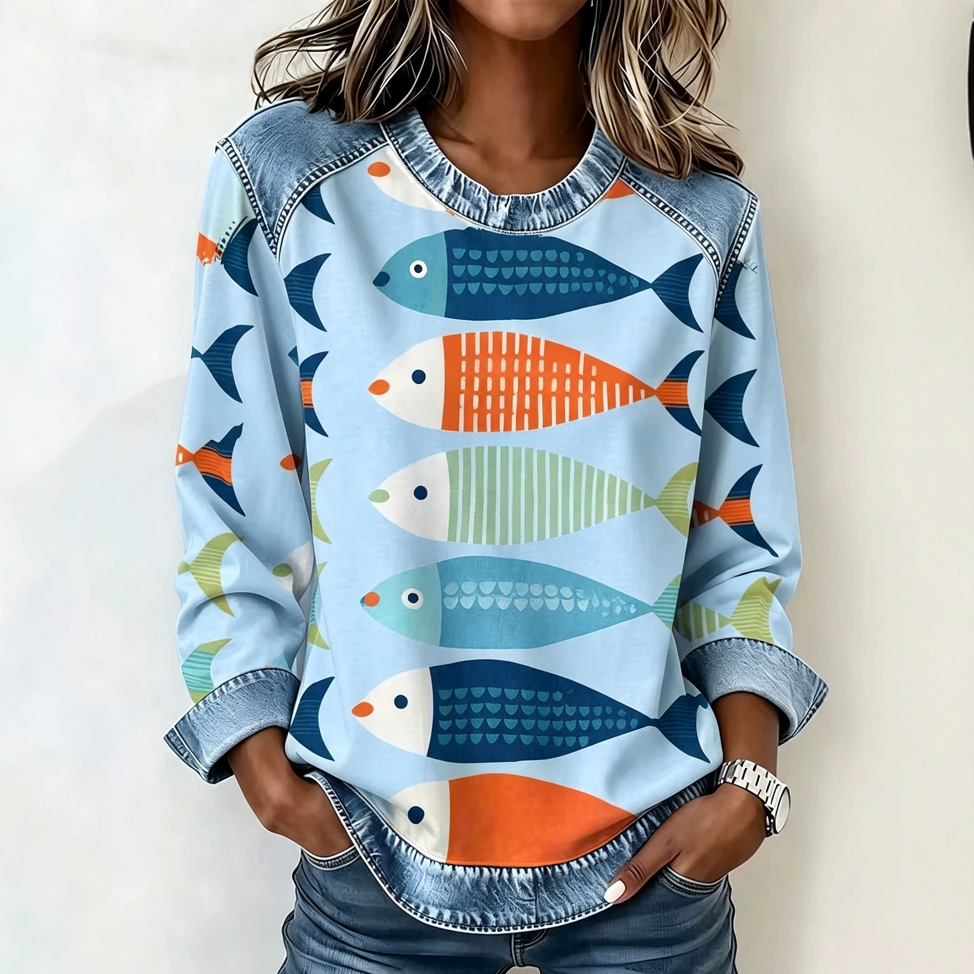 Women's Sailfish Print Casual Pullover Sweatshirt