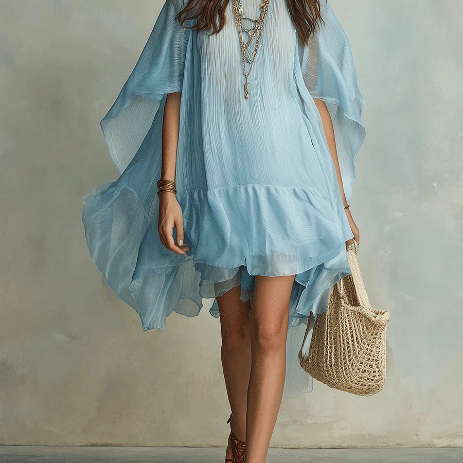 Boho Light Blue Ruched Ruffle Asymmetric Short Dress