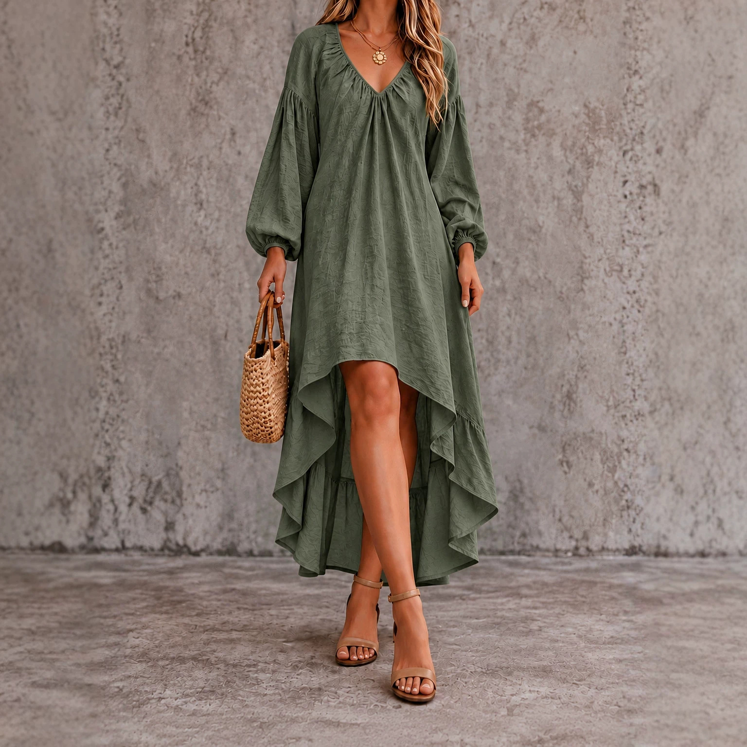 V-Neck Long Sleeve Ruffle A-Line Asymmetrical Hem Maxi Dress