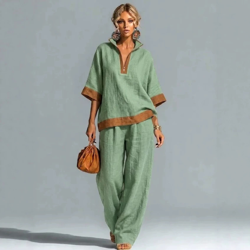 Women's Color-Block Half-Zip Cotton-Linen Shirt & Pants Set