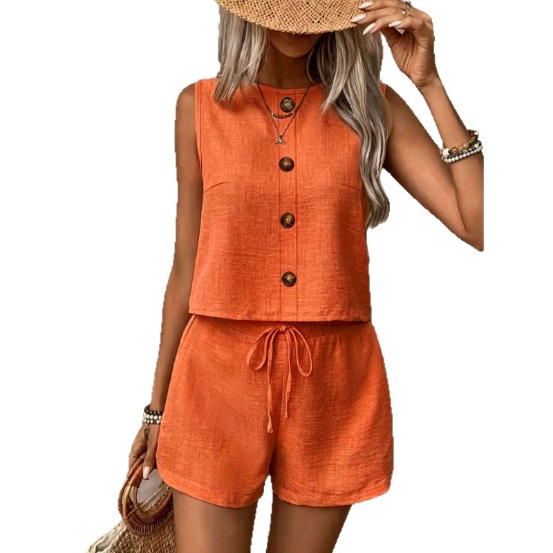 Women's Solid Color Button Sleeveless Vest and Shorts Set