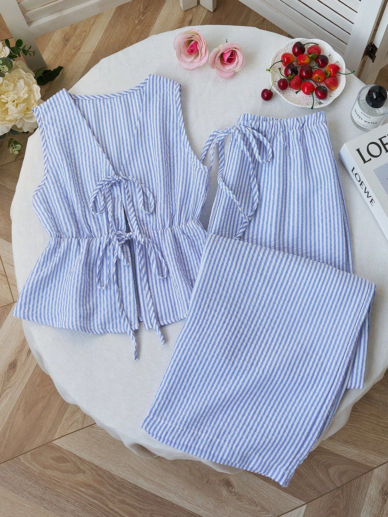Striped Sleeveless Tank Top and Wide-Leg Pants Set