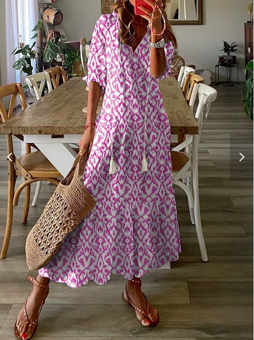Women's Casual V-Neck Printed Tassel Midi Dress Loose A-Line