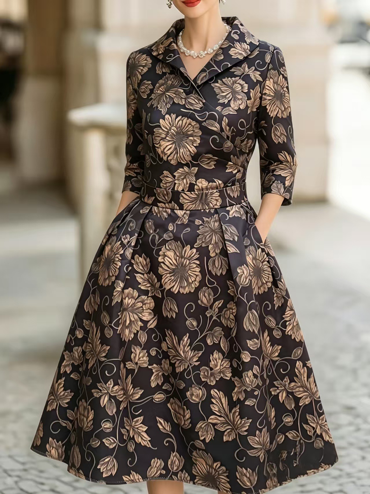 French Vintage Gold Brown Print Dress V-Neck Waist Cinched Seven Sleeve Flared Skirt