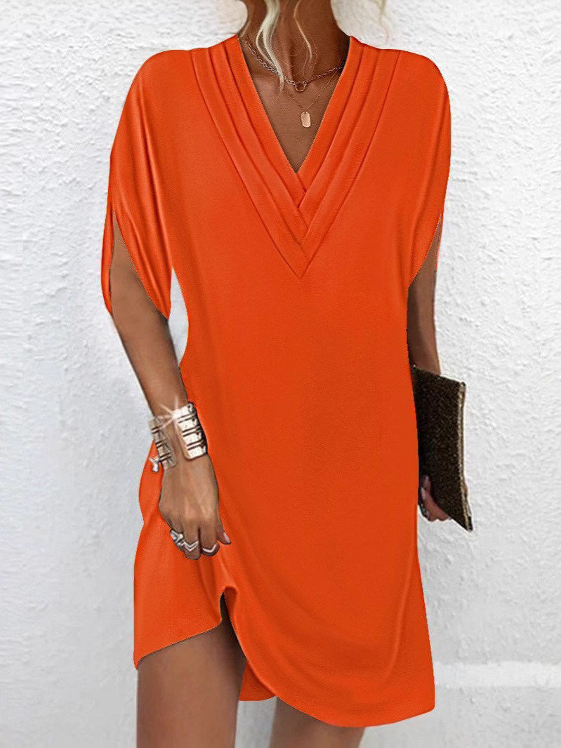 Women's V-Neck Pleated Batwing Sleeve Midi Dress