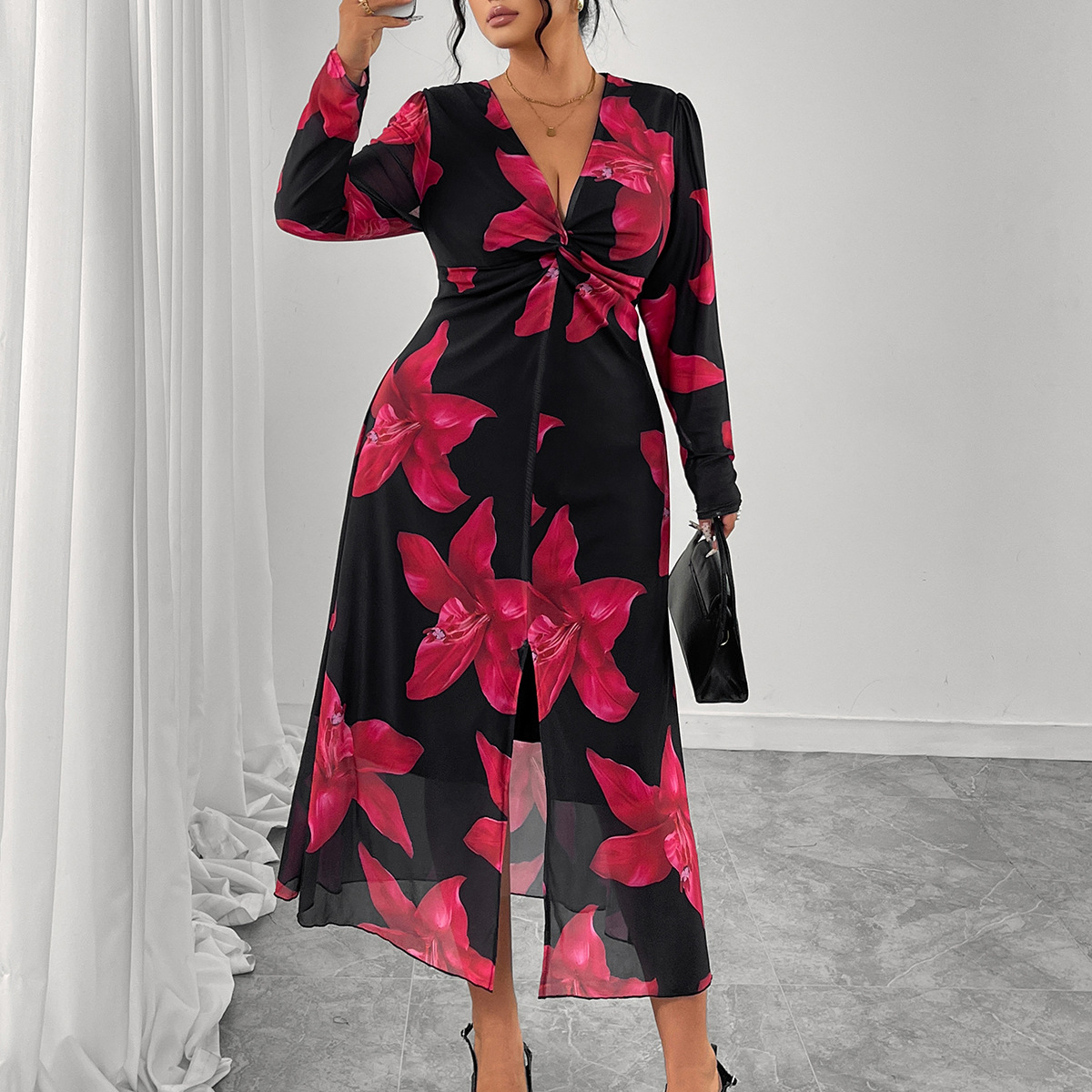 Floral V-Neck High-Waist Long Dress